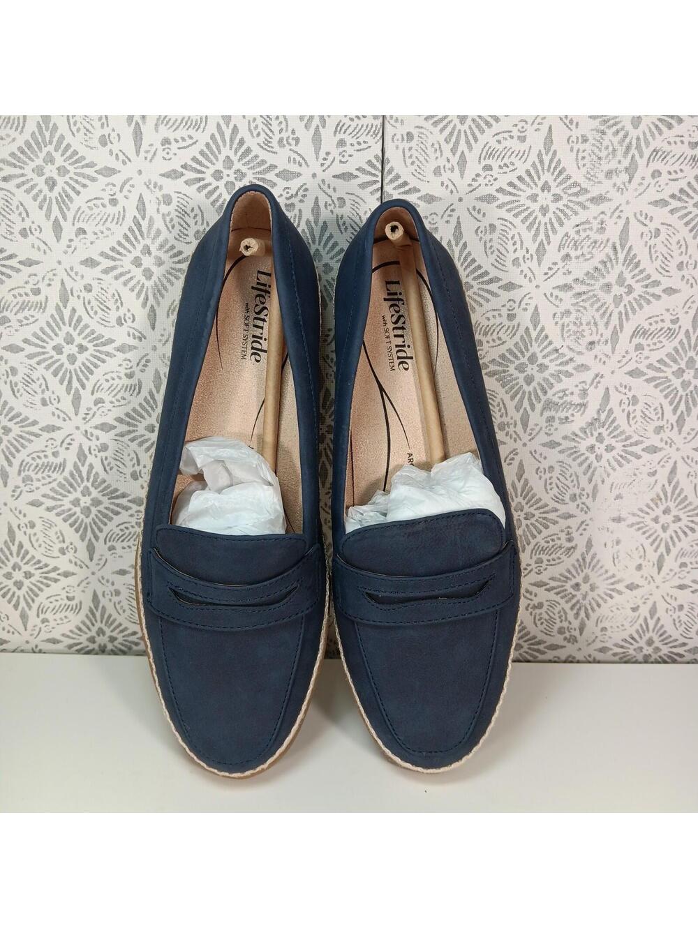 Life Stride Malta Women’s Loafers Size 7.5 Lux Navy Faux Leather Slip-On Shoes